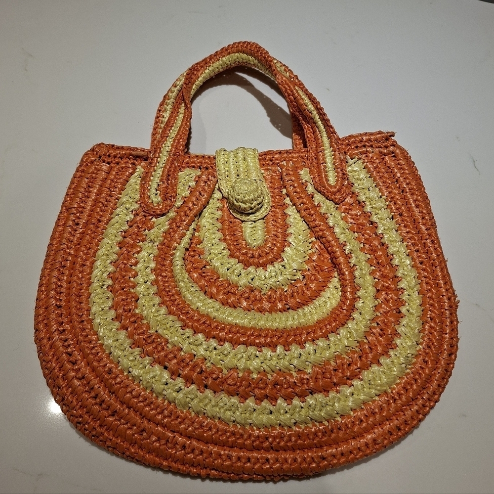 Vintage Goldco. Vibrant Orange & Yellow Circular Straw Bag with Button Closure